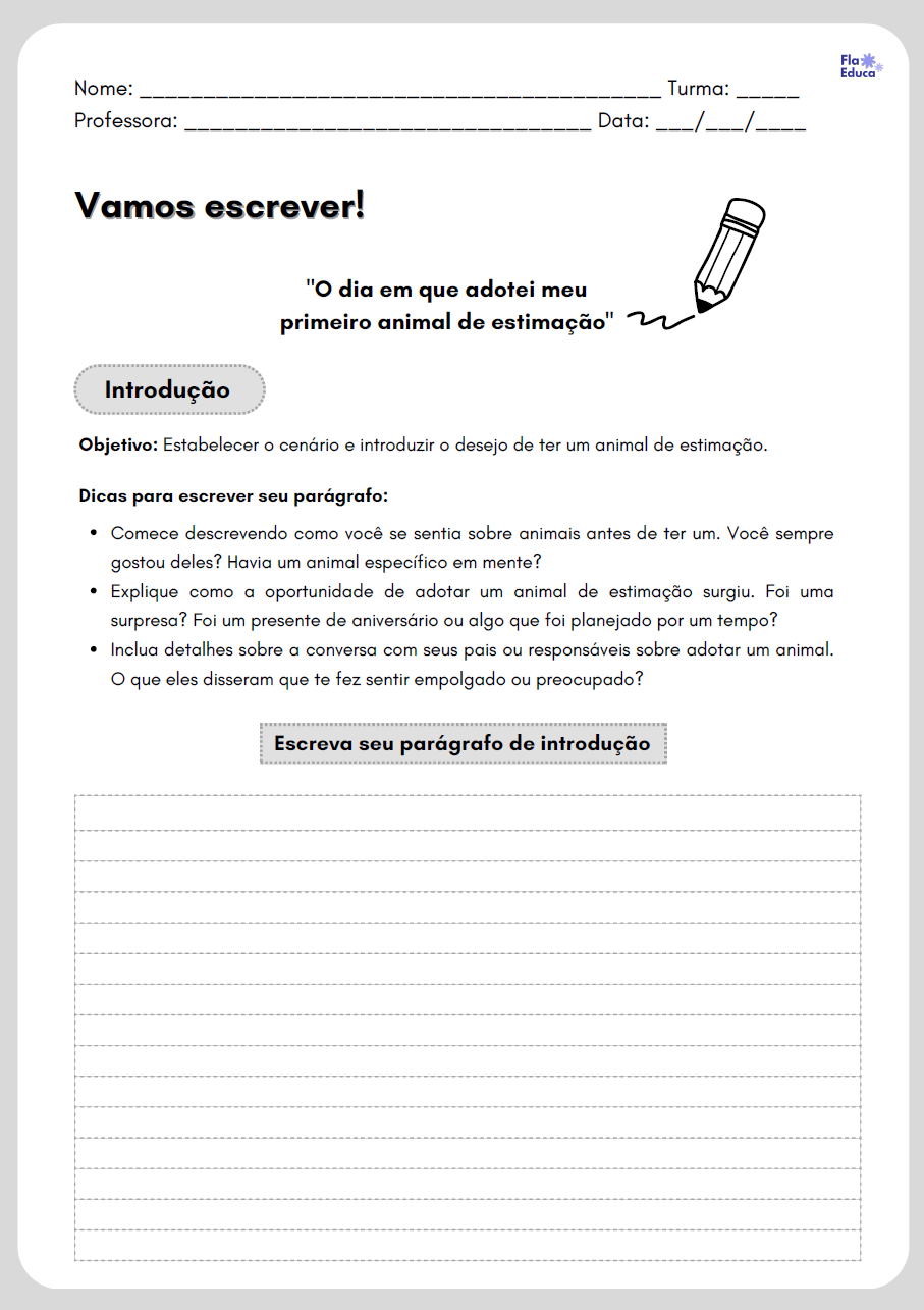 Página para escrever o parágrafo de introdução