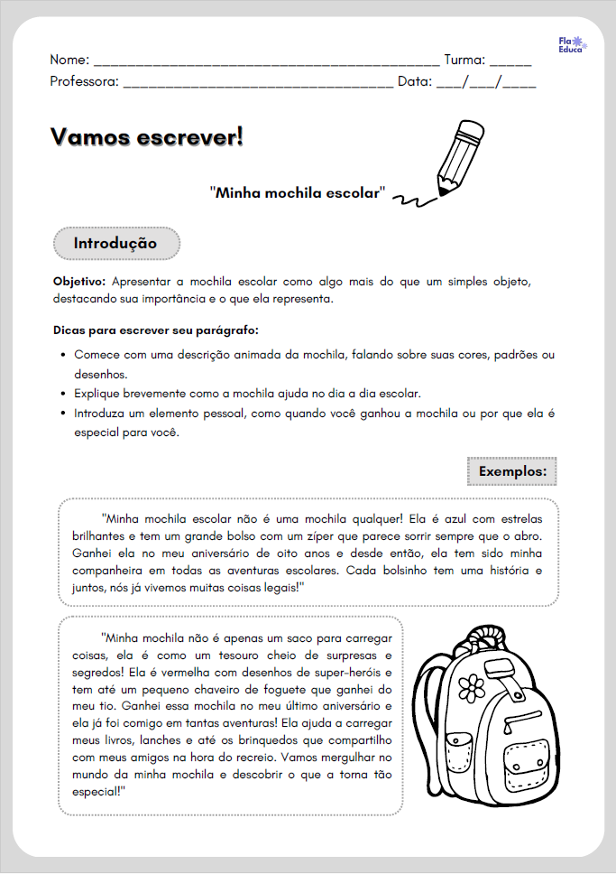 Introdução da atividade Minha mochila escolar